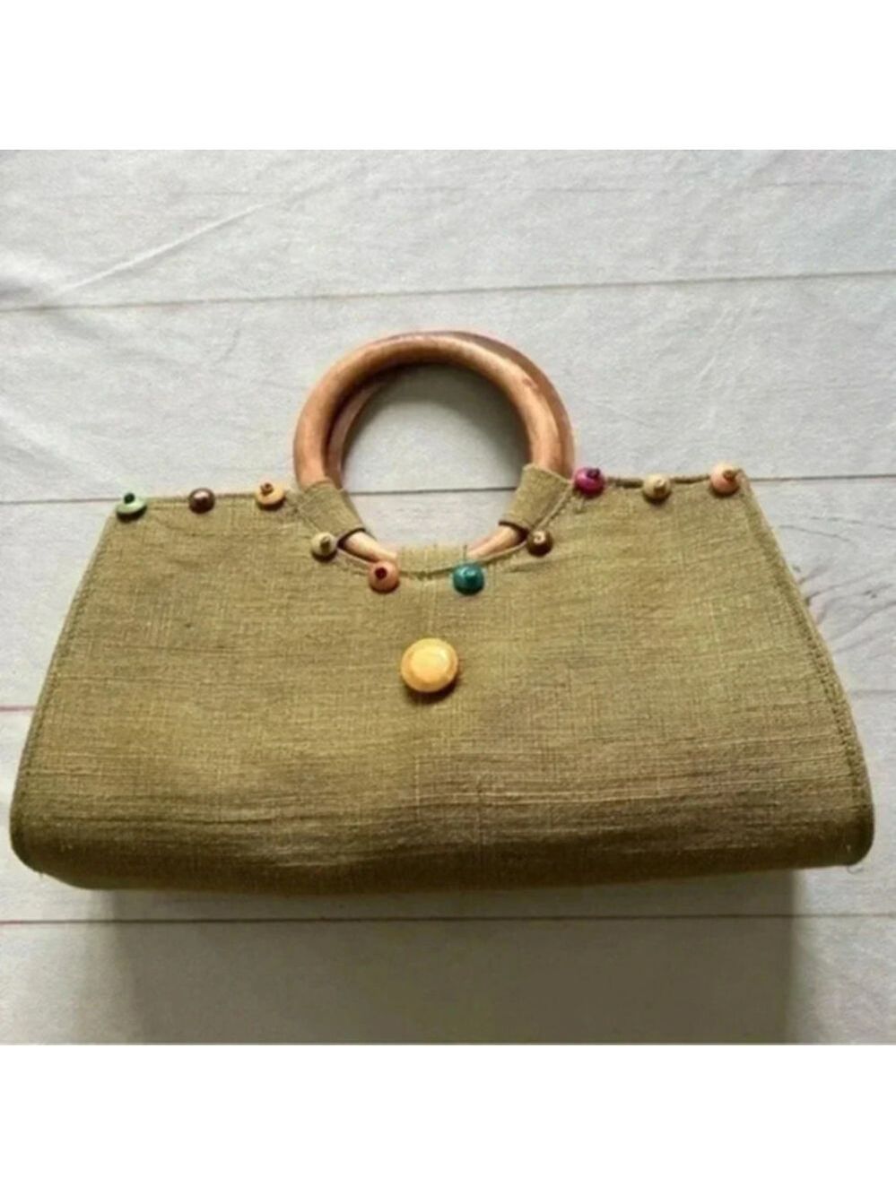 Unbranded bohemian round wooden handles Boho straw wooded beaded tote bag